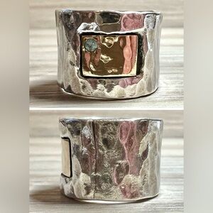 Designer IL Hammered Sterling Silver & Gold Wide Band Prasiolite Ring, Size 6.5
